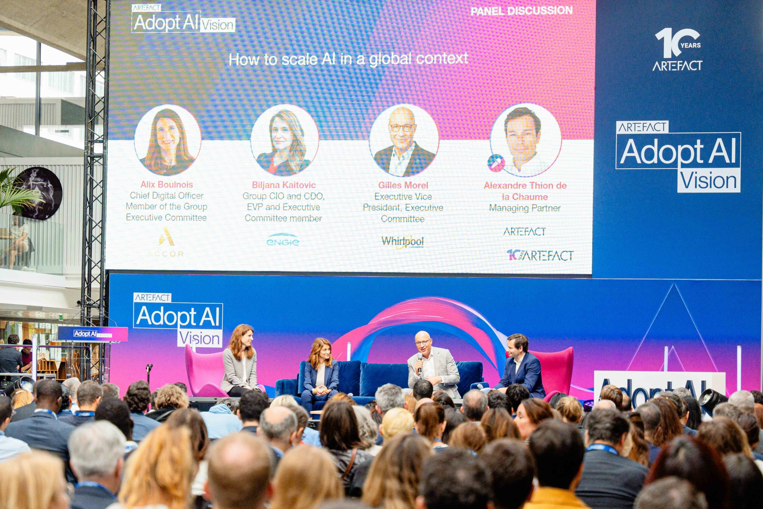 Alix Boulnois, CDO & Member of the Group Exec Comm at ACCOR, Biljana Kaitovic, Group CIO & CDO at ENGIE, Gilles Morel, Exec VP at WHIRLPOOL at the Adopt AI Summit – How to scale AI in a global context