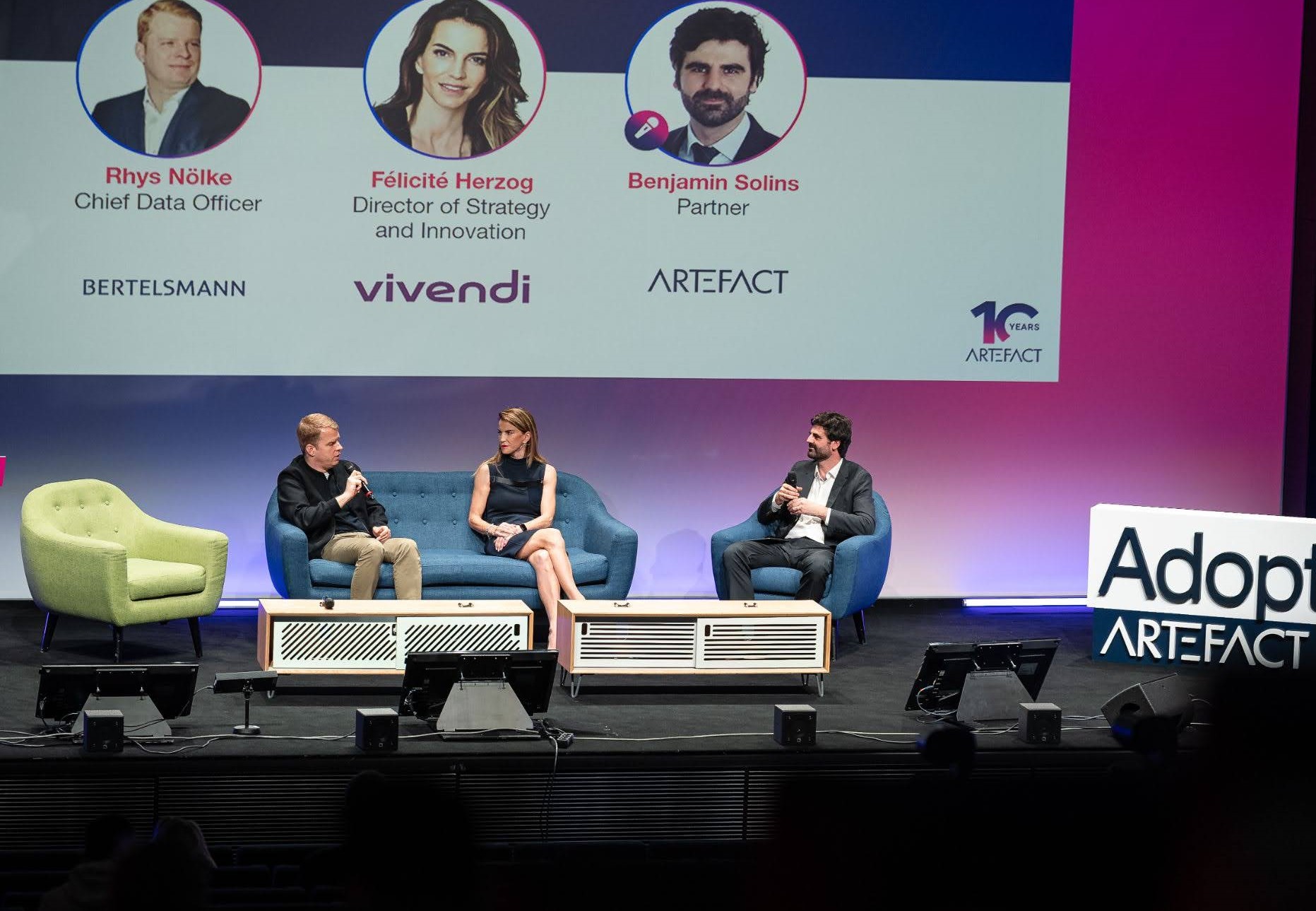 Félicité Herzog, Chief Strategy & Innovation Officer at Vivendi, Rhys Nölke, CDO at Bertelsmann at the Adopt AI Summit – AI for media